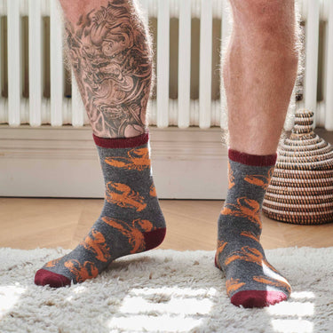 Men's Lambswool Ankle Socks Lobster - Dark Grey & Peach