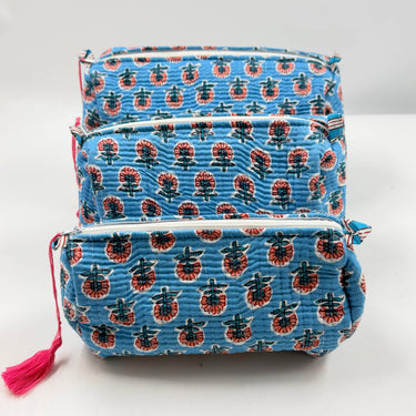 Quilted Wash Bag - Blue With Orange Flower